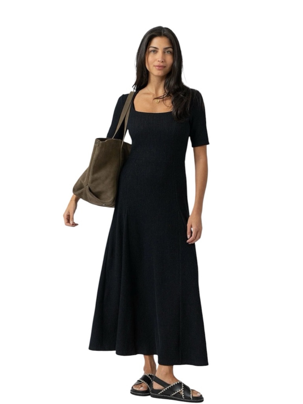 Saint + Sofia Akia Short Sleeve Black Textured Midi Dress - 6